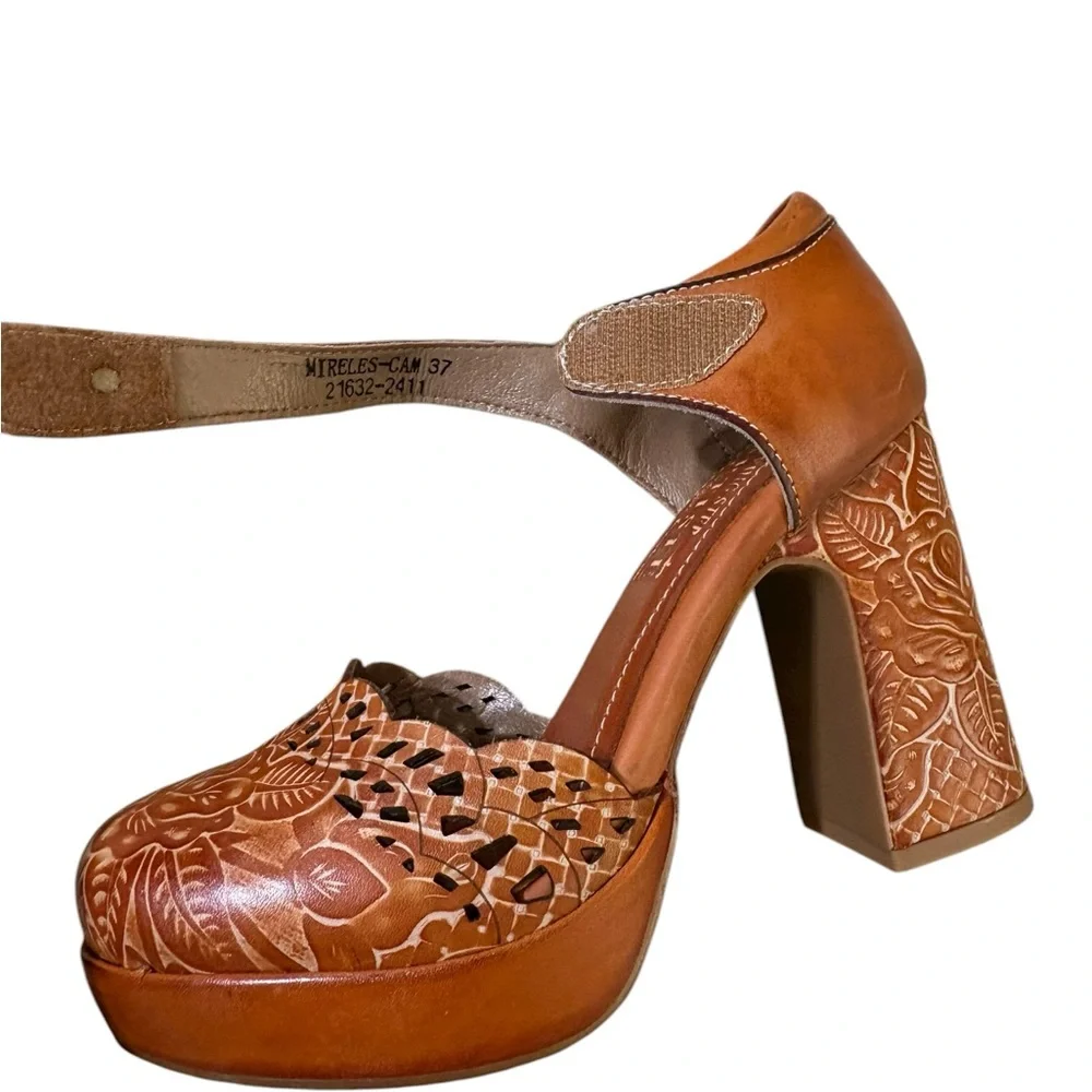 Spring Step Cognac Leather Platform Sandals with Carved Block Heel